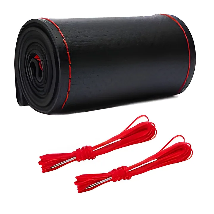 Black perforated stitch-on steering cover with red thread