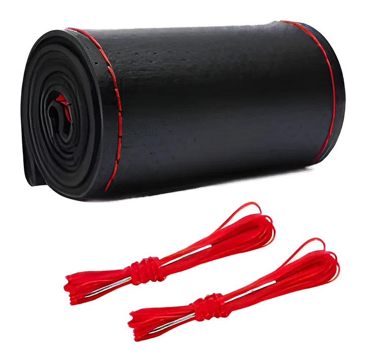 Black perforated stitch-on steering cover with red thread