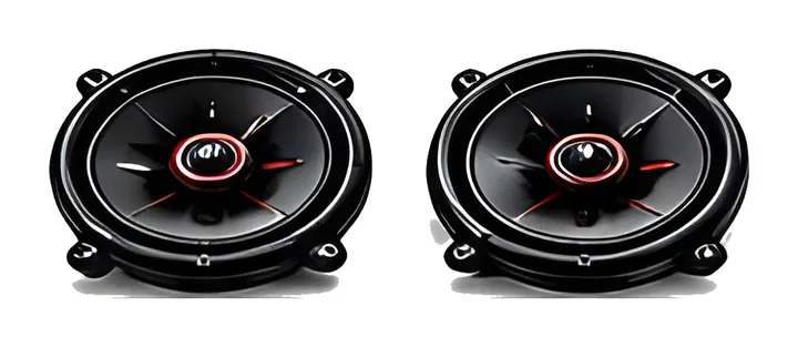 A pair of black car speakers with red accents