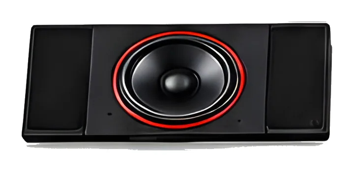 Black subwoofer box with a red-ringed speaker