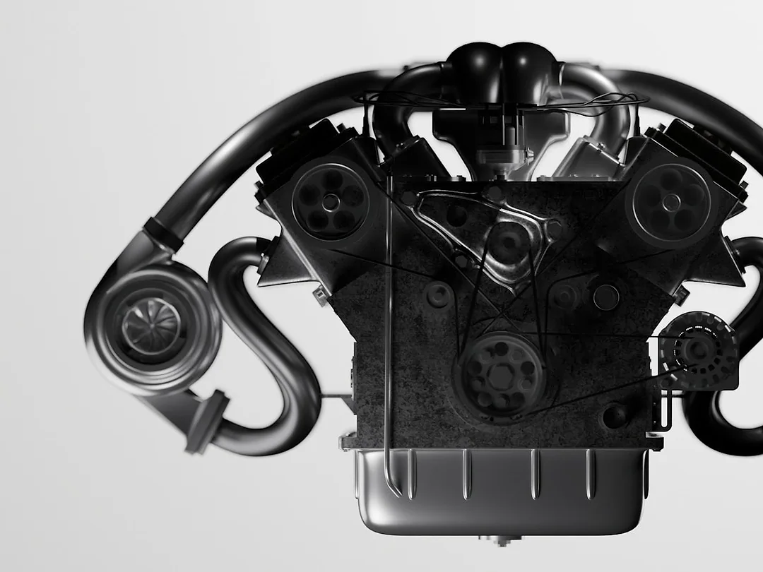 A clean twin-turbo car engine, on white